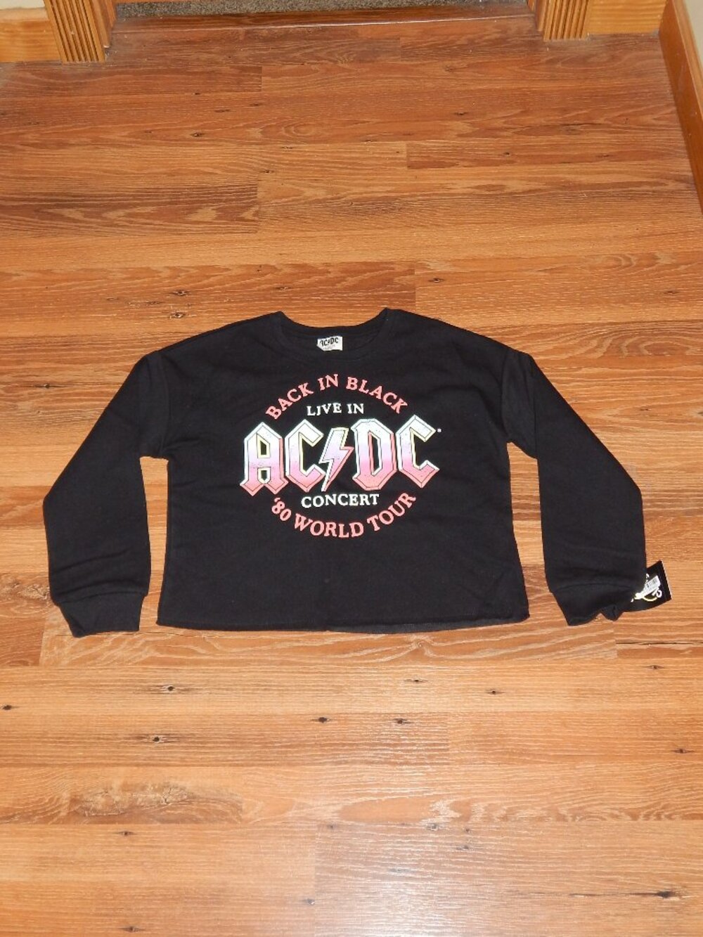 NEW NWT Girls Size L (10/12) ACDC Back In Black 80s Tour Concert Crop Sweatshirt